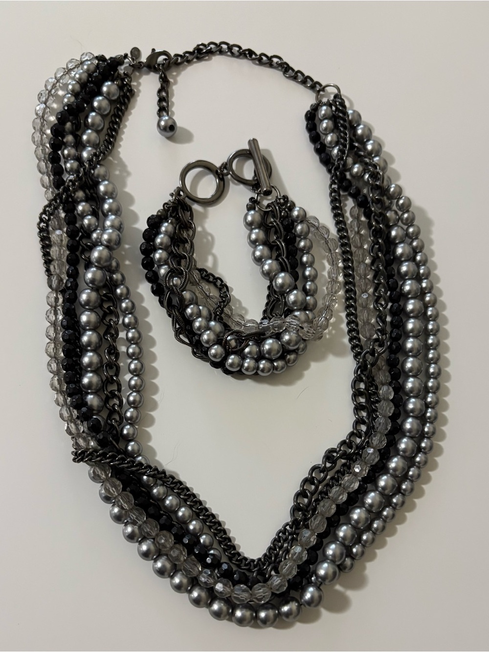 Premier Designs Multi-Strand Silver & Black Main Event Necklace and Bracelet Set